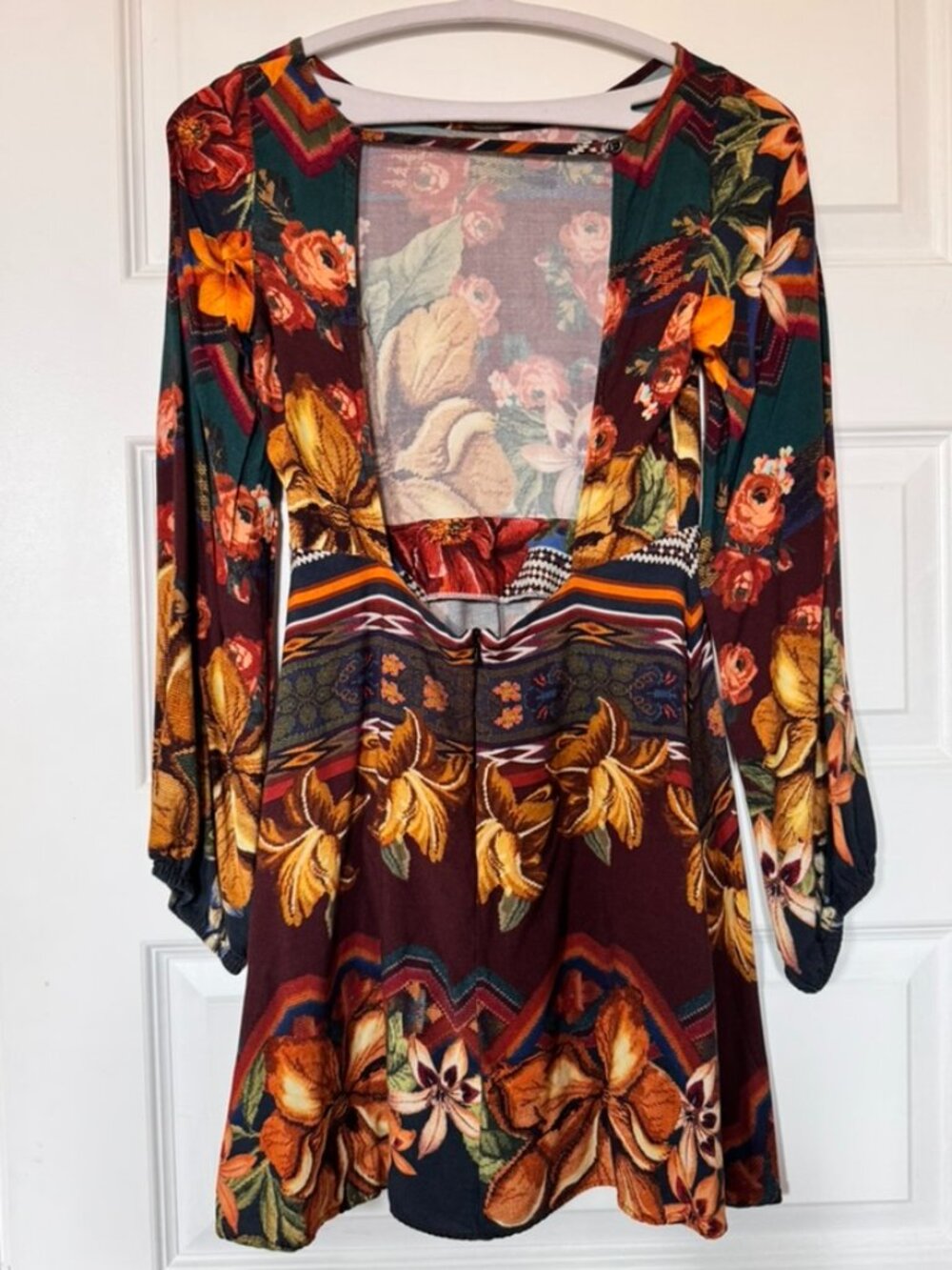 Farm Rio Floral Print Mini Dress Open Back Boho Long Sleeve Size M - Picture 2 of 4